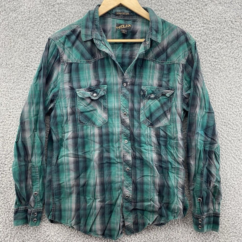Helix Mens L Green‎ Plaid Pearl Snap Long Sleeve Roll Tab Western Athletic Fit